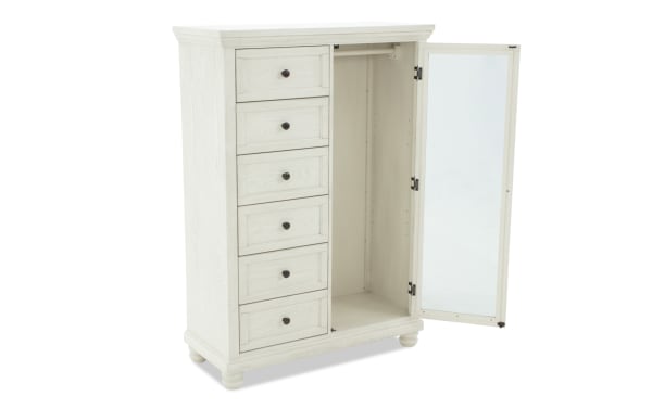 Portland White 5 Drawer Wardrobe with traditional style, MDF, oak veneer, rubberwood, white finish, mirror door, and concealed charging ports.