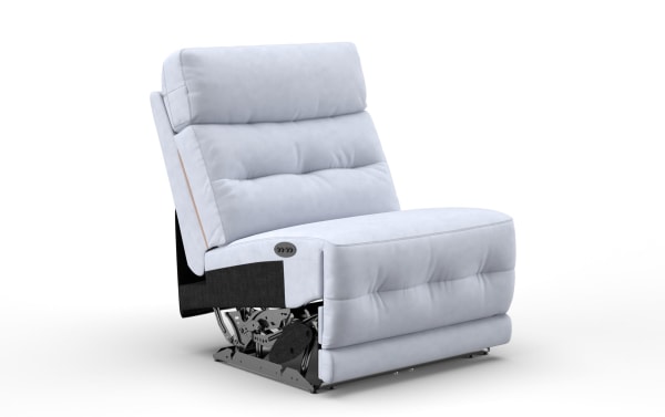 Light gray upholstered power recliner chair with plush cushioning, visible metal reclining mechanism, and side control buttons for adjustable comfort.