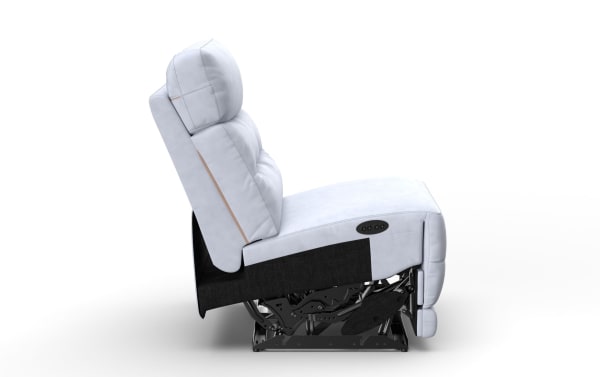 Light gray fabric recliner chair with padded cushions, adjustable backrest, and black reclining mechanism visible underneath.