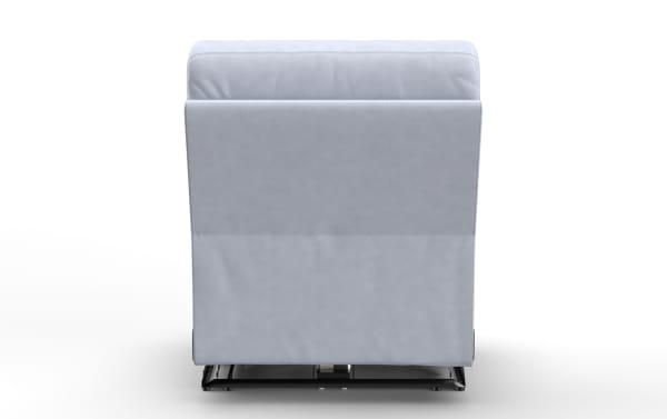 Light gray fabric recliner chair shown from the back, featuring clean stitching and a modern, cushioned design with a black metal base.