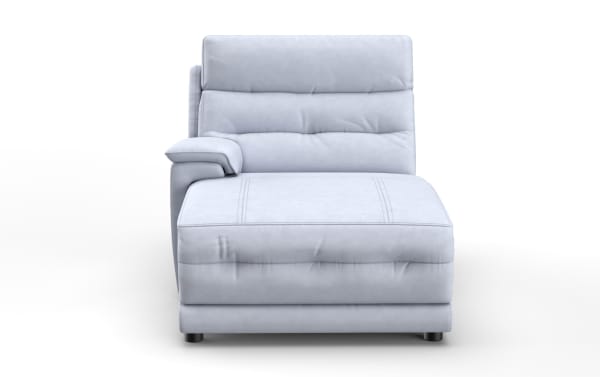 Light gray leather chaise lounge with cushioned backrest and armrest, modern design, suitable for living room seating.