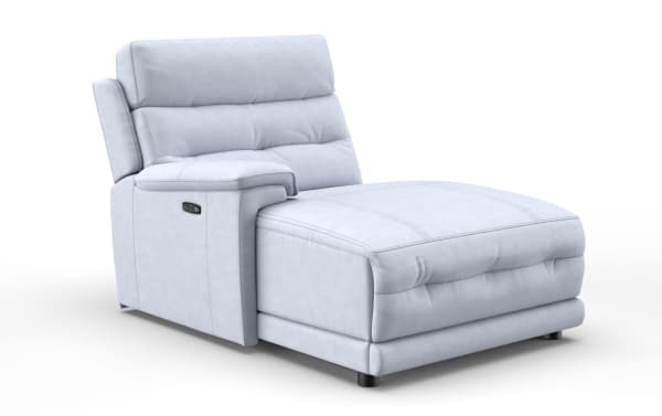Light gray leather reclining chaise lounge chair with padded armrest and adjustable backrest, featuring built-in control buttons for comfort adjustment.