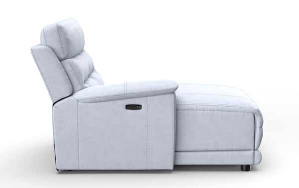 Light gray leather reclining chaise lounge chair with padded backrest, armrest, and electronic control panel on side.