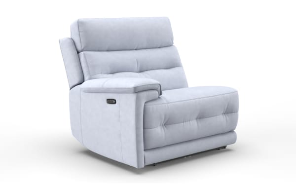 Light gray leather recliner chair with plush cushioning, tufted backrest, and padded armrest featuring electronic control buttons.