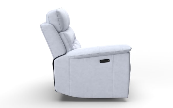Light gray fabric reclining chair with padded armrests, cushioned backrest, and built-in side control buttons for adjustable comfort.