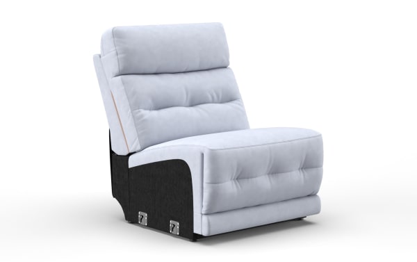 Modern light gray upholstered armless recliner chair with tufted cushioning and black fabric base, designed for living room comfort.