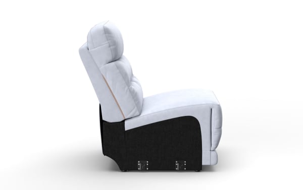 Modern recliner chair with light gray cushioned upholstery and black fabric base, featuring a plush, segmented backrest for ergonomic support.