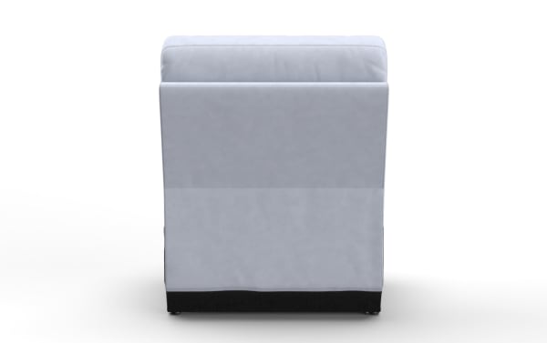 Light gray upholstered recliner chair with smooth fabric backrest and black base, shown from the rear view.