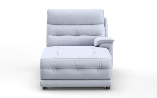 Modern light gray upholstered chaise lounge chair with plush cushioning, padded armrest, and sleek low-profile design for living room seating.
