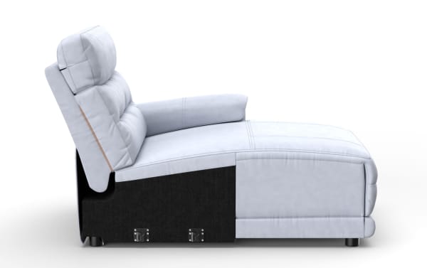 Modern light gray leather recliner chair with adjustable headrest and cushioned armrest, featuring black base with metal hinges for reclining function.