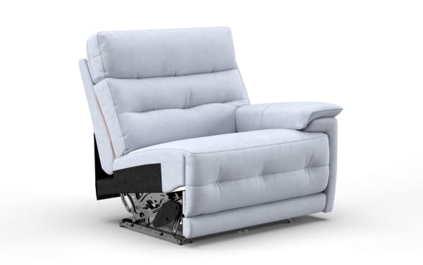 Light gray leather recliner chair with plush cushioning, padded armrest, and visible metal reclining mechanism, designed for comfort and support.