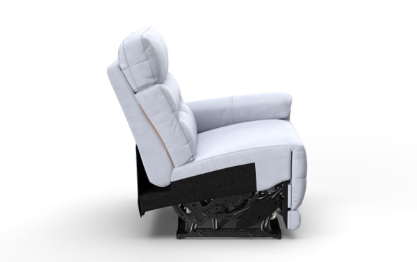 Light gray leather reclining chair with padded armrests and headrest, showcasing metal reclining mechanism and plush cushioning for comfort.
