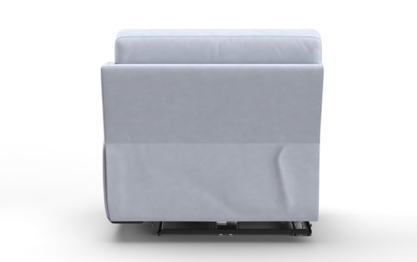 Light gray fabric recliner chair shown from the back, featuring a smooth, cushioned surface and a visible metal reclining mechanism at the base.