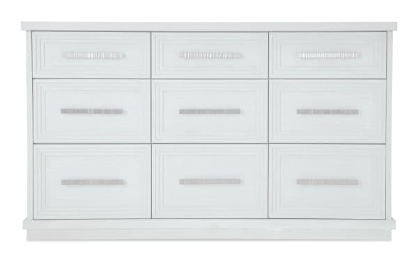 Infinity White 9 Drawer Dresser in contemporary style, made of white MDF with nine drawers featuring sleek silver handles, part of Infinity Bedroom collection.
