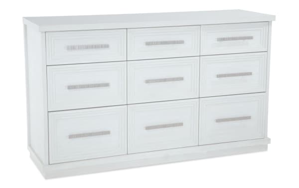 Contemporary Infinity White 9 Drawer Dresser in MDF with cedar-lined bottom drawers, felt-lined top drawers, dovetail joints, and sleek handles.