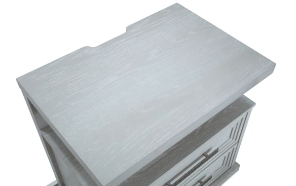Contemporary Infinity White 2 Drawer Nightstand in MDF with cedar-lined bottom drawer, felt-lined top drawer, and sleek white wood grain finish.