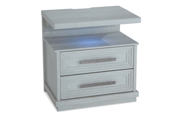Contemporary Infinity White 2 Drawer Nightstand in white MDF with cedar-lined bottom drawer, felt-lined top drawer, and motion-activated LED light.