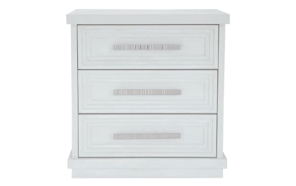 Contemporary Infinity White 3 Drawer Nightstand in MDF with sleek white finish, cedar-lined bottom drawer, felt-lined top drawer, and modern rectangular handles.