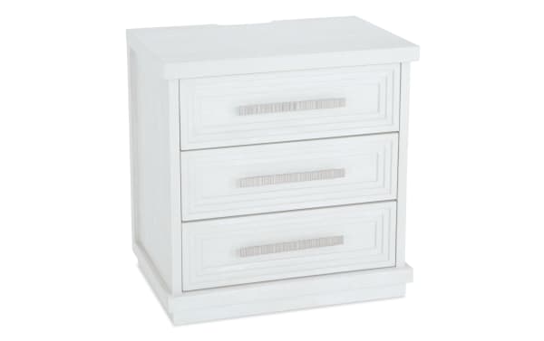 Contemporary Infinity White 3 Drawer Nightstand in MDF with cedar-lined bottom drawer, felt-lined top drawer, power outlets, USB and USB-C ports.