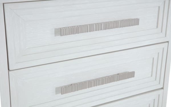 Contemporary Infinity White 3 Drawer Nightstand in MDF with sleek silver handles, part of Infinity Bedroom collection, featuring angled drawer fronts.