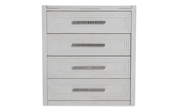 Four-drawer light gray wood dresser with modern rectangular metal handles, featuring a textured panel design on each drawer front.