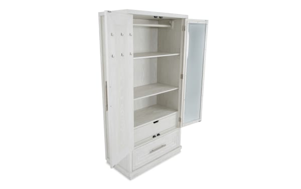 White wooden wardrobe with two open doors, featuring three shelves, a hanging rod, multiple hooks, a drawer, and a frosted glass panel on one door.