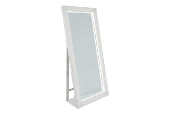 Full-length standing mirror with white wooden frame and built-in LED lighting, designed for bedroom or dressing room use.