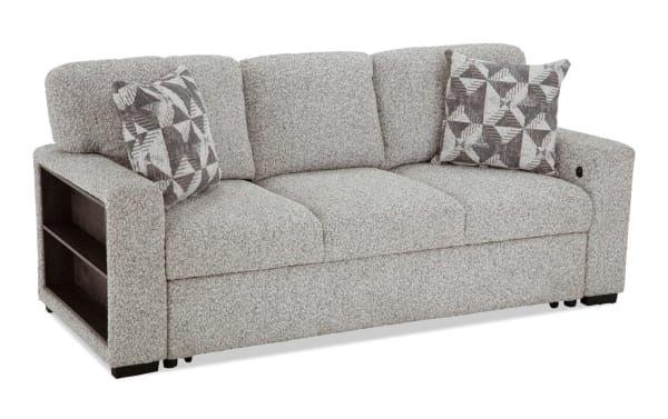 Gray Sidekick 87'' Queen Pop-Up Sleeper Sofa in transitional style with polyester fabric, built-in USB/USB-C ports, bookshelf arms, and accent pillows.