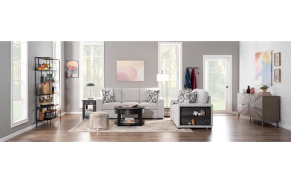 Transitional Sidekick Gray 87'' Queen Pop-Up Sleeper Sofa with gray polyester fabric, built-in USB/USB-C ports, bookshelf arm storage, drop-down table, and memory foam padding.
