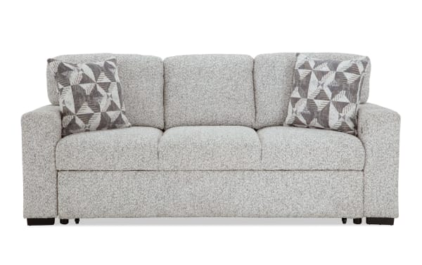 Gray Sidekick 87'' transitional queen pop-up sleeper sofa with polyester fabric upholstery, accent pillows, and built-in USB/USB-C ports.