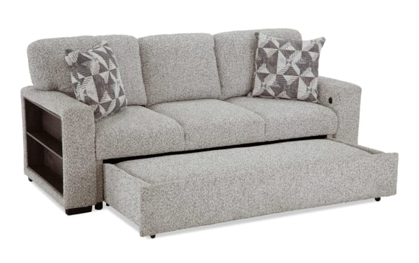 Sidekick Gray 87'' Queen Pop-Up Sleeper Sofa in transitional style with gray polyester fabric, built-in USB/USB-C ports, bookshelf arms, and accent pillows.