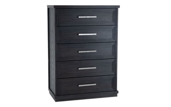 Contemporary Infinity Charcoal 5 Drawer Chest in dark MDF with sleek silver handles, cedar and felt-lined drawers, dovetail joints, and jewelry tray.
