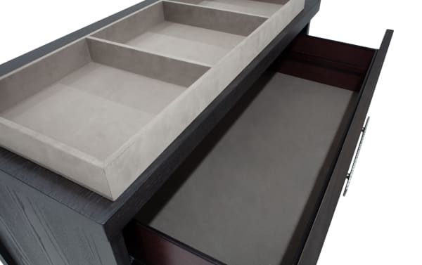 Contemporary Infinity Charcoal 5 Drawer Chest in MDF with felt-lined top jewelry tray and charcoal fabric drawer interiors for organized storage.