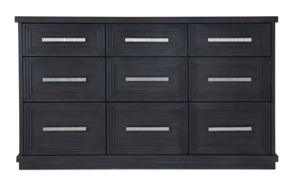 Contemporary Infinity Charcoal 9 Drawer Dresser in MDF with sleek dark finish, silver handles, and framed drawer fronts from Infinity Bedroom collection.