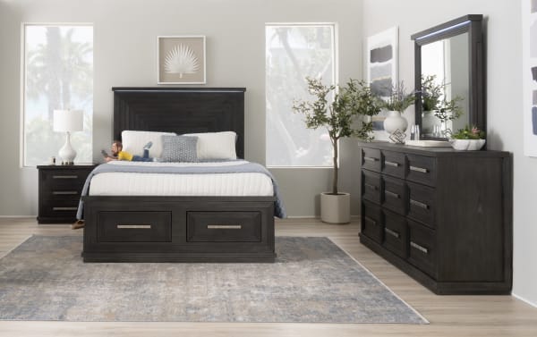 Contemporary Infinity Charcoal 9 Drawer Dresser in MDF with sleek dark finish, metal handles, cedar-lined bottom drawers, and felt-lined top drawers.