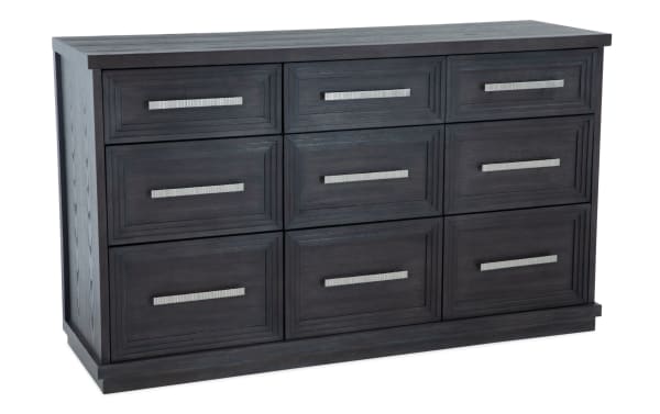 Infinity Charcoal 9 Drawer Dresser from Infinity Bedroom collection, contemporary MDF dresser with charcoal finish, cedar and felt-lined drawers, and metal handles.