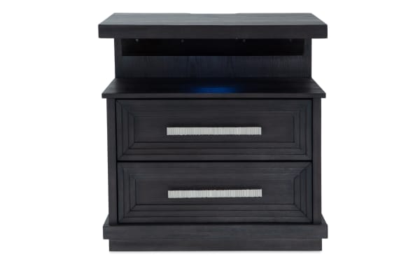 Infinity Charcoal 2 Drawer Nightstand in contemporary style with charcoal MDF, featuring cedar-lined bottom drawer, felt-lined top drawer, LED lighting, power and USB ports, part of Infinity Bedroom collection.