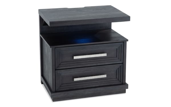 Contemporary Infinity Charcoal 2 Drawer Nightstand in MDF with cedar-lined bottom drawer, felt-lined top drawer, LED lighting, power outlets, USB/USB-C ports.