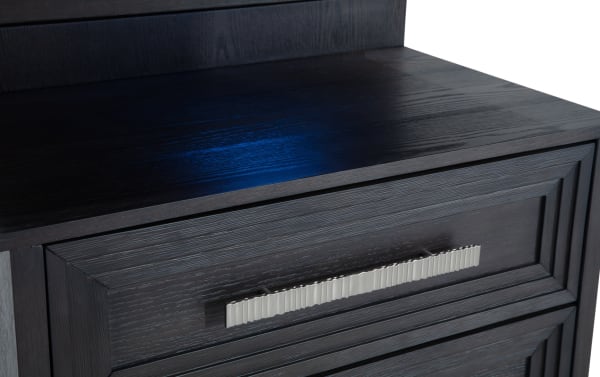 Contemporary Infinity Charcoal 2 Drawer Nightstand in MDF with sleek dark charcoal finish, ribbed silver handle, and cedar-lined storage drawers.