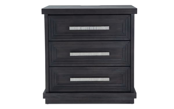 Contemporary Infinity Charcoal 3 Drawer Nightstand in MDF with sleek dark finish, silver handles, and framed drawer fronts from Infinity Bedroom collection.