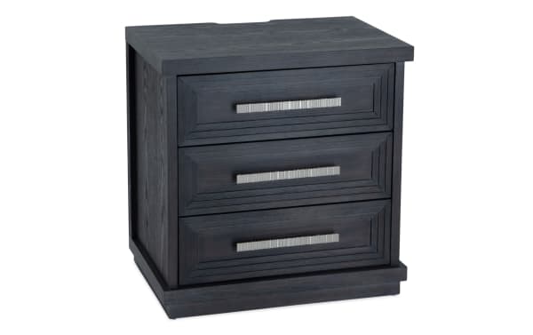 Contemporary Infinity Charcoal 3 Drawer Nightstand in MDF with charcoal finish, sleek metal handles, and framed drawer fronts from Infinity Bedroom collection.
