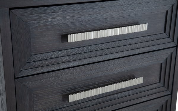 Contemporary Infinity Charcoal 3 Drawer Nightstand in MDF with textured charcoal finish, sleek silver handles, and angled drawer frames from Infinity Bedroom collection.