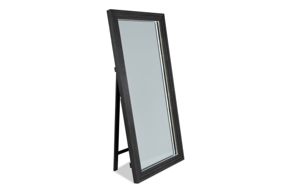 Freestanding full-length rectangular mirror with a black wooden frame and angled support stand, suitable for bedroom or dressing room use.