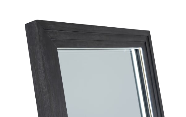 Rectangular wall mirror with a wide, textured black wood frame featuring layered detailing, suitable for modern home decor.