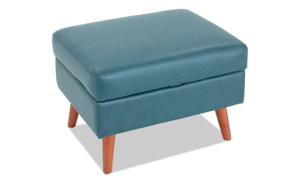Bettie Teal Faux Leather Storage Ottoman in mid-century modern style with teal upholstery, wooden legs, memory foam cushion, and hidden storage.