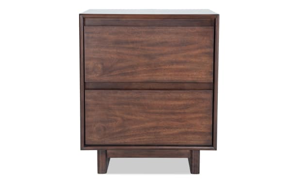 Contemporary Mango Brown 2 Drawer Nightstand in mango wood and veneers, featuring clean lines, cedar and felt-lined drawers, and built-in USB/USB-C ports.