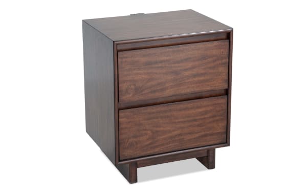 Contemporary Mango Brown 2 Drawer Nightstand in mango wood and veneers, featuring cedar-lined bottom drawer, felt-lined top drawer, and built-in USB/USB-C ports.