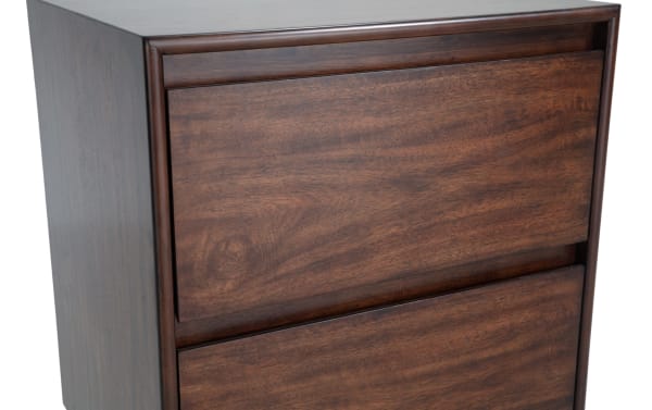 Contemporary Mango Brown 2 Drawer Nightstand in mango wood and veneers with smooth drawer fronts, part of Mango Bedroom collection.
