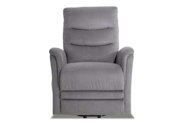 Reign Gray Massaging Power Lift Recliner in gray polyester fabric, transitional style with padded armrests and cushioned back support for comfort and ease.