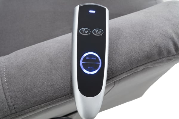 Reign Gray Massaging Power Lift Recliner remote control with illuminated buttons for massage, heat, and power lift functions on gray polyester fabric.